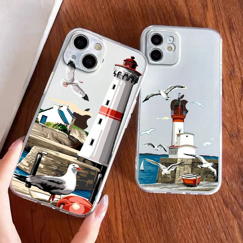 Oil painting coast with seagulls Phone Case For Apple iPhone 14 13 12 11 SE XS XR X 7 8 6 5 Pro Plus MAX 2020 Transparent Cover