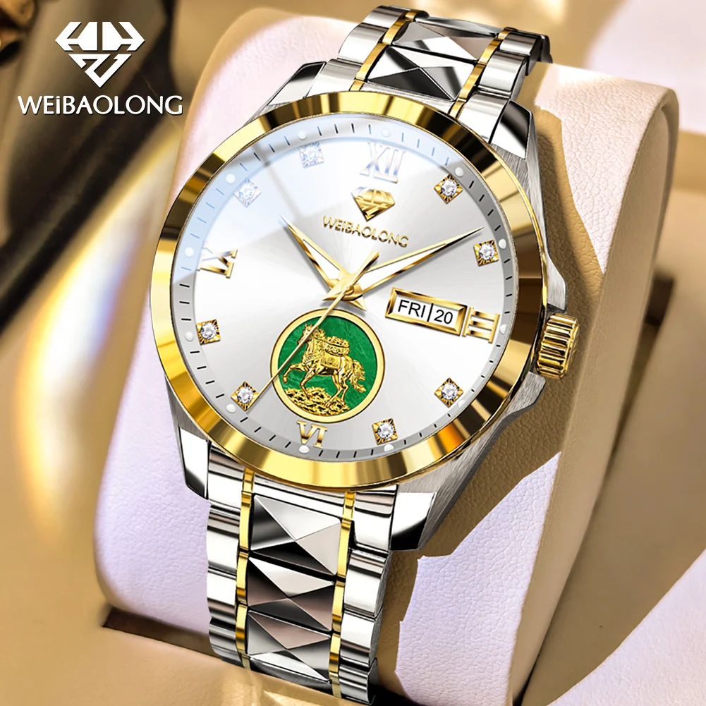 WEIBAOLONG Herren Echtgold Diamant Importiertes Uhrwerk Mechanische Uhr 50M Wasserdicht Wolframstahl Wochentag-Datumsanzeige Uhren für Männer