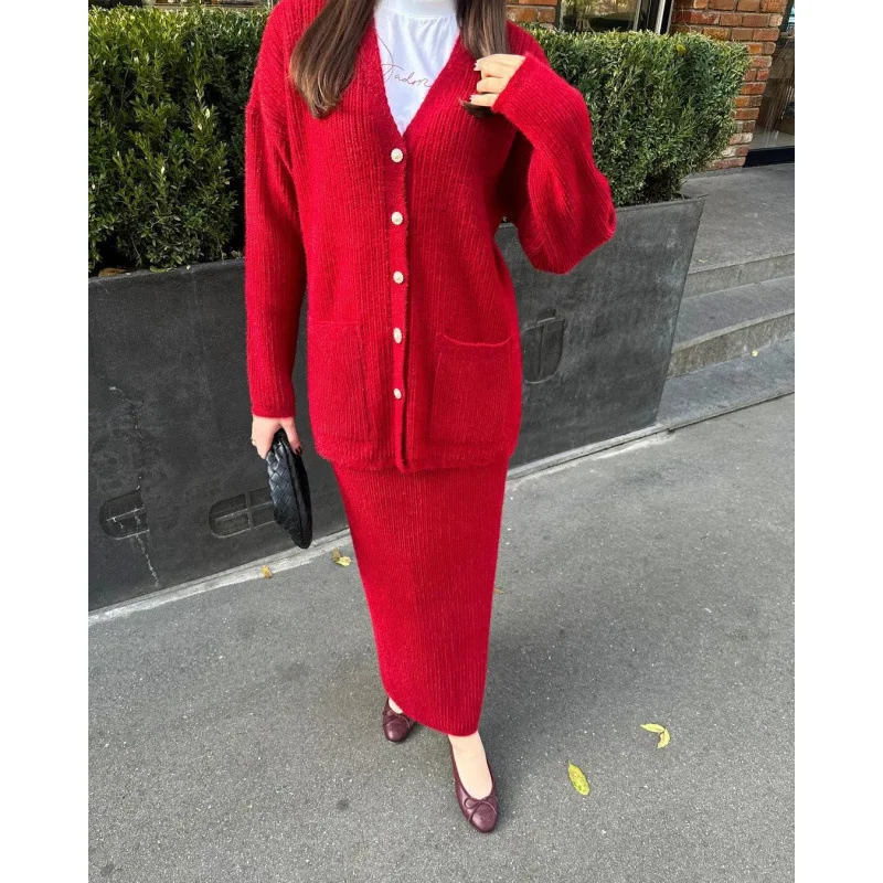 ヨーロッパとアメリカ2025秋冬エレガントカーディガンデザインセーター無地スカートセットゆったりスタイル