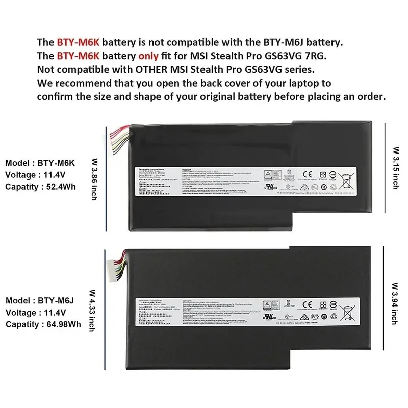 BTY-M6K Laptop Battery MSI GF65 Thin 9SD 9SE 9SEX 9SEXR 10SDR 10SE GS73VR 7RG zm