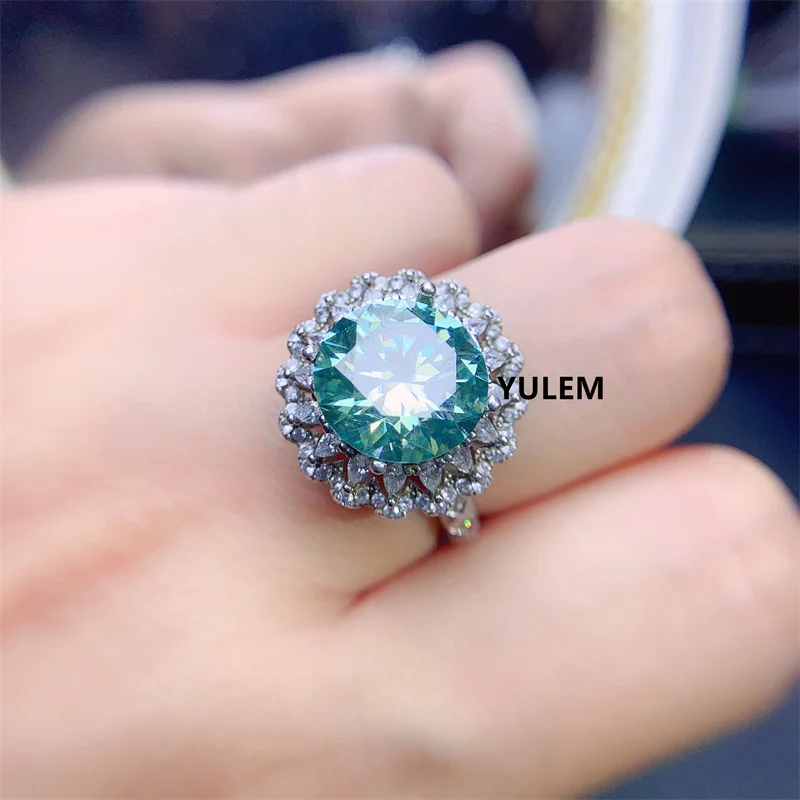 

YULEM 925 Sterling Silver Rings for Women 5ct Round VVS Green Moissanite Diamond Wedding Engagement Ring Shining Sparkling Gift