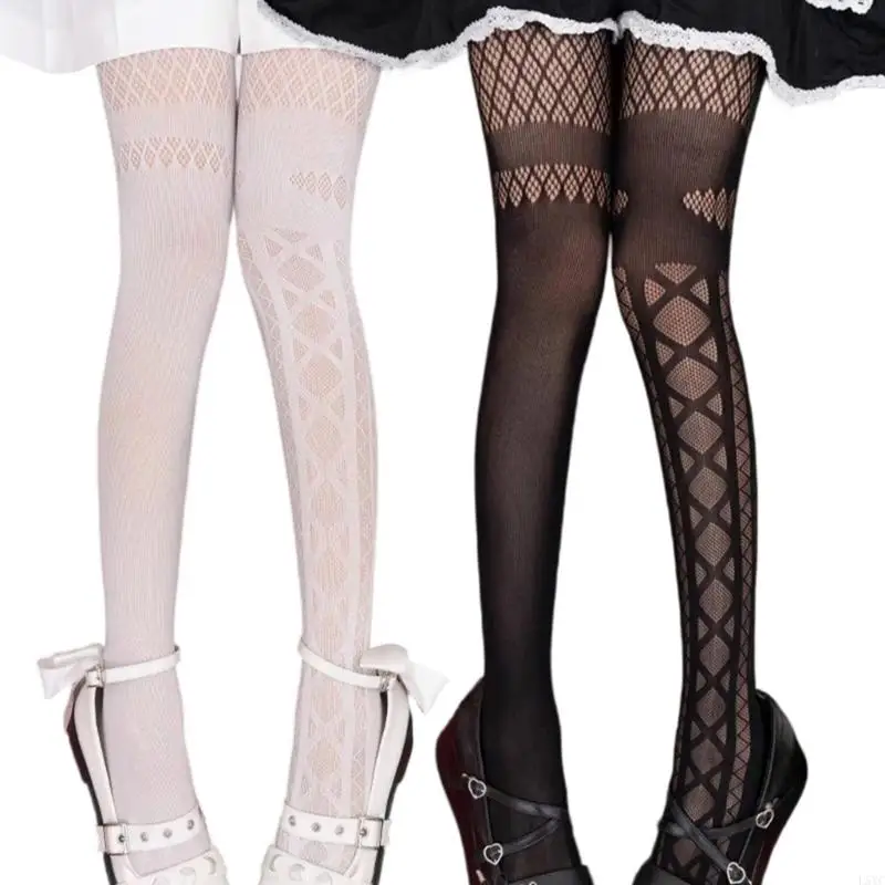 

L5YC Women Aesthetic Gothic Asymmetrical Argyle Pattern Mesh Pantyhose Tights