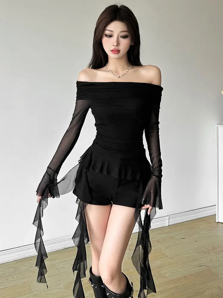 T-shirt en gaze pour femmes, Sexy, col Slash, épaules dénudées, esthétique, à volants irréguliers, Slim Fit, Grunge, Harajuku, Vintage, fée, Y2k