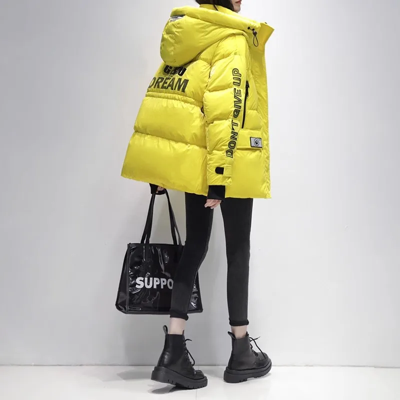 Yellow High-end Letter down Jacket Women's 2023 Winter New Loose Thicken White duck down Coat Fashion Casual Female Warm Outwear