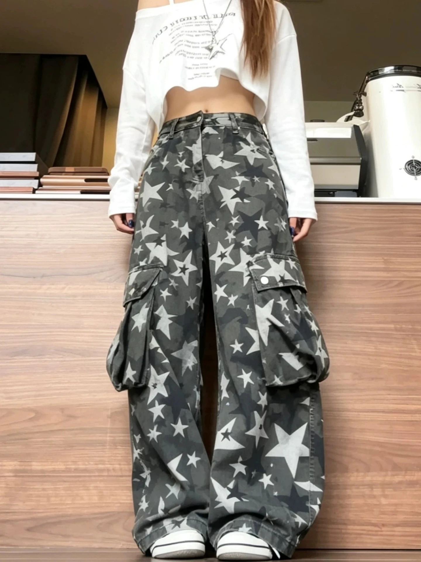 American Retro Camouflage Workwear Jeans Women's Loose Wide Leg Floor-Length Pants Micro Flared Street Casual Jeans