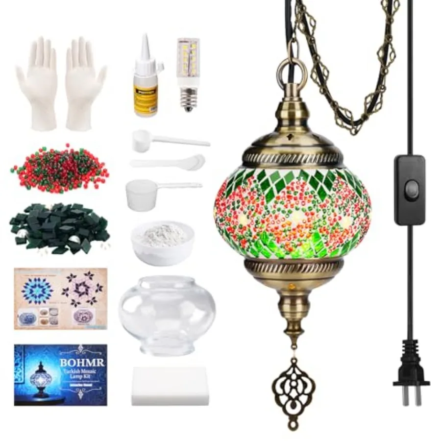 

DIY Turkish Mosaic Lamp Kit5.2"D Plug-in Stained Glass Pendant Hanging Lamp Making Kit with 15Feet Cord-No Skills Needed Mosaic