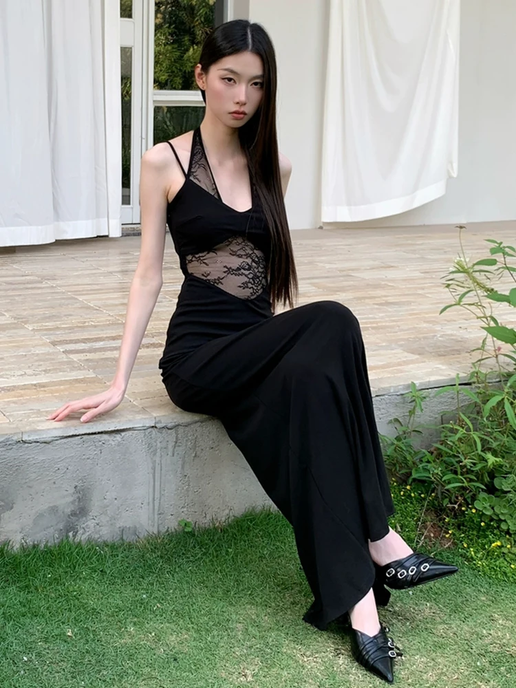 RORORIRI 쉬어 레이스 스티치 홀터 캐미솔 드레스 여성 백리스 솔리드 슬림 스트레치 Bodycon 인어 롱 드레스 섹시한 복고풍 옷