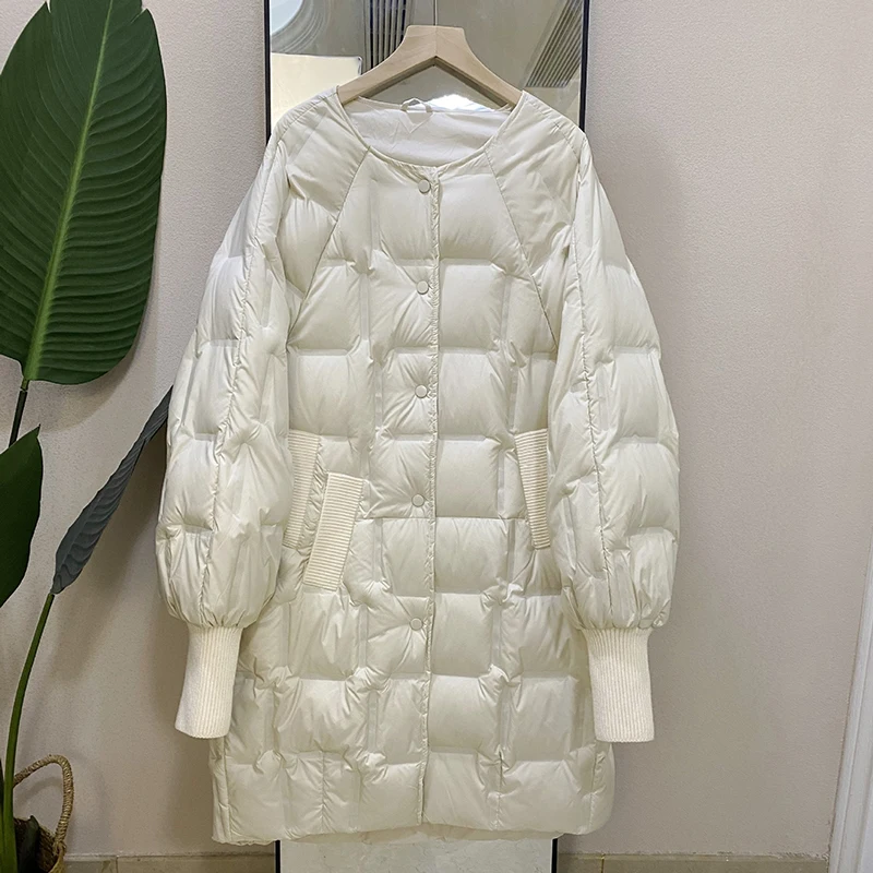 Winter Lange Rundhals Daunenjacke Weibliche Einreiher Stepp Parker Outwears Frauen 90 Weiße Ente Unten Verdickung Mantel