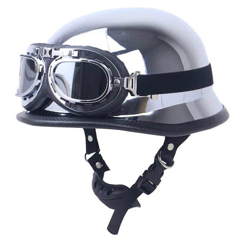 DOT Chrome Silver Mirror Color Motorcycle Helmet German Motorcycle Half Helmet Chopper Biker Pilot Helmet with Free Goggle