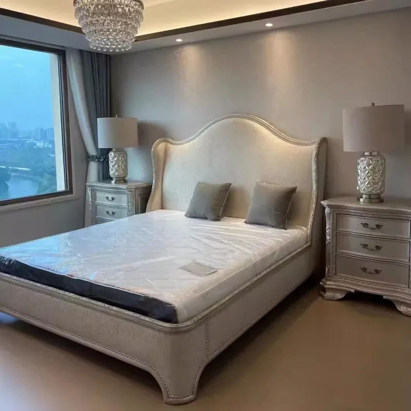 American Style Solid Wood Bed with Carved Wingback Headboard Modern Simple 1.8m Double Bed for Bedroom Furniture