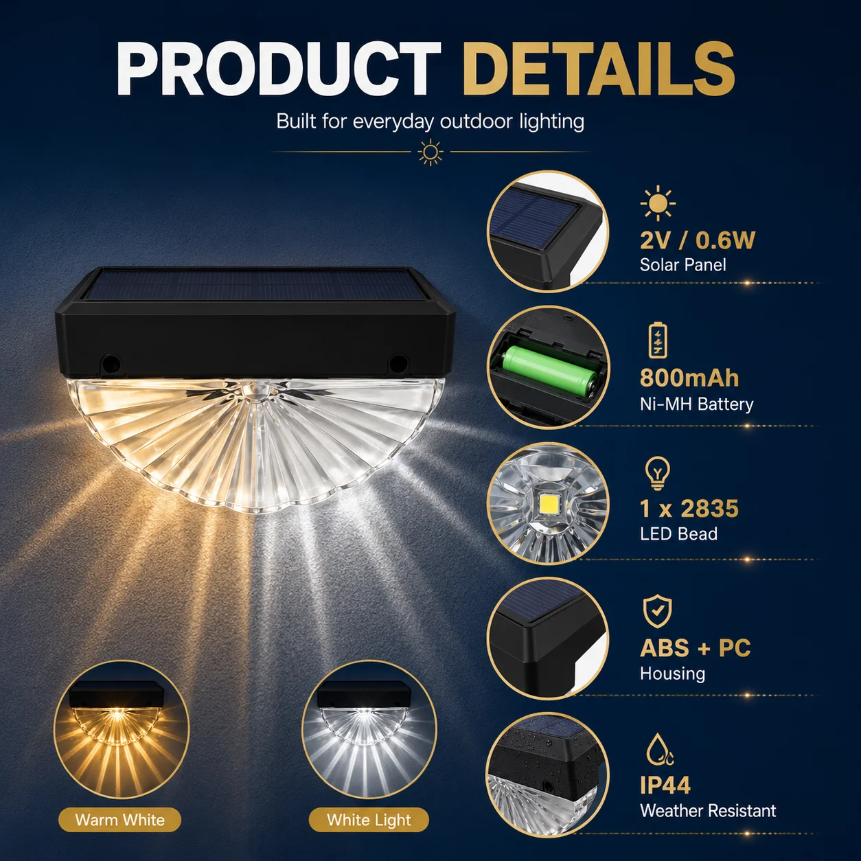 2Pcs Solar Fence Lights Outdoor IP44 Waterproof Dual Color LED Deck Step Wall Lamps Warm White for Garden Patio Yard