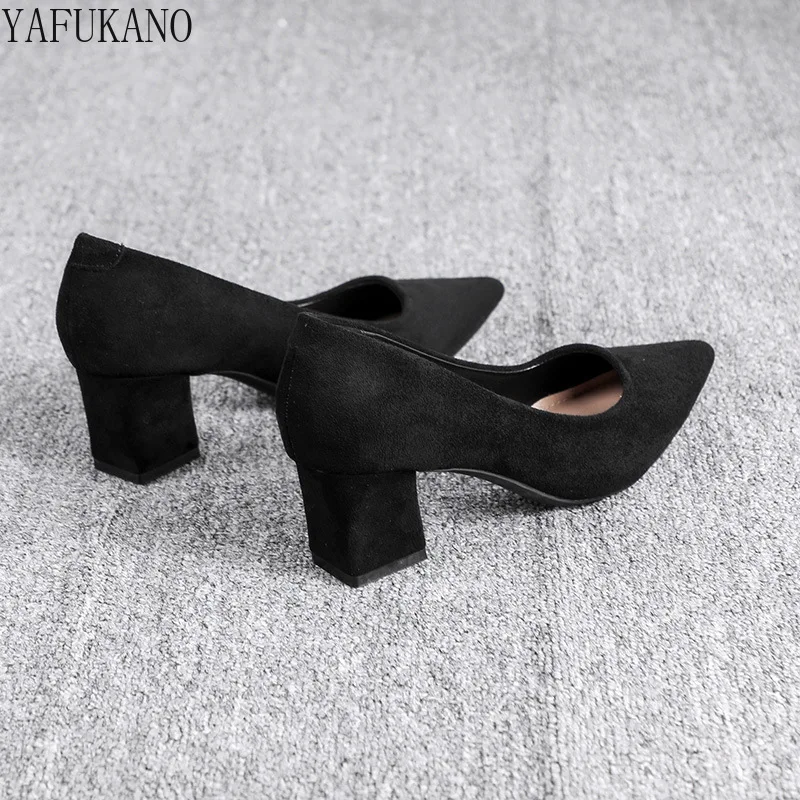 Chunky Heel Interview Women's Shoes 2024 New Black Professional Work Mid Heel Single Shoes Suede Civil Servant Formal High Heels