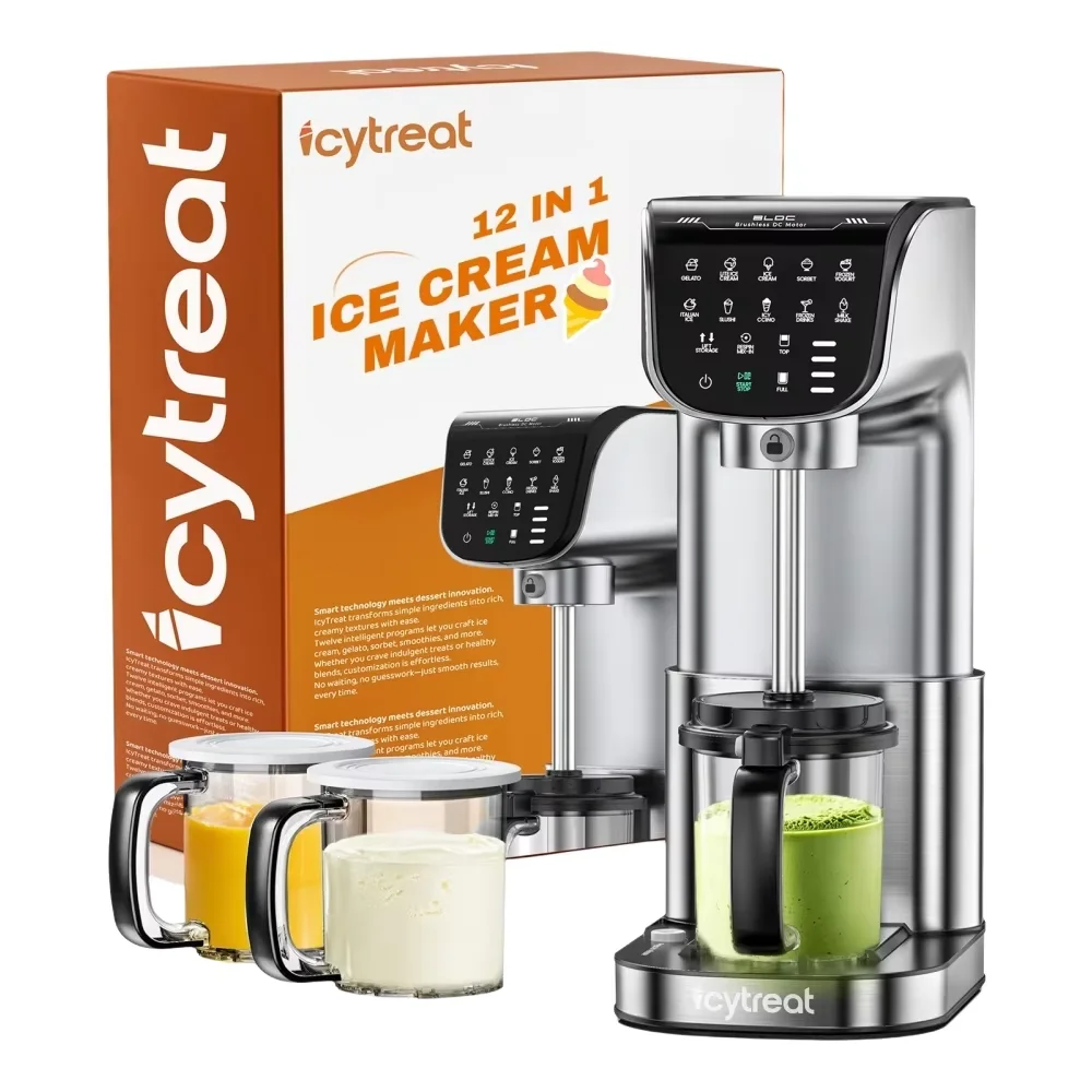 Máquina para Hacer Helados IcyTreat de 1.5L/57oz, Sin Necesidad de Hielo, Máquina para Hacer Granizados Caseros con 12 Programas Preestablecidos, Libre de BPA, para Gelato, Sorbete, Batidos, Yogur, con Recipientes de Tritán, Cuchara, Toalla y Libro de Recetas