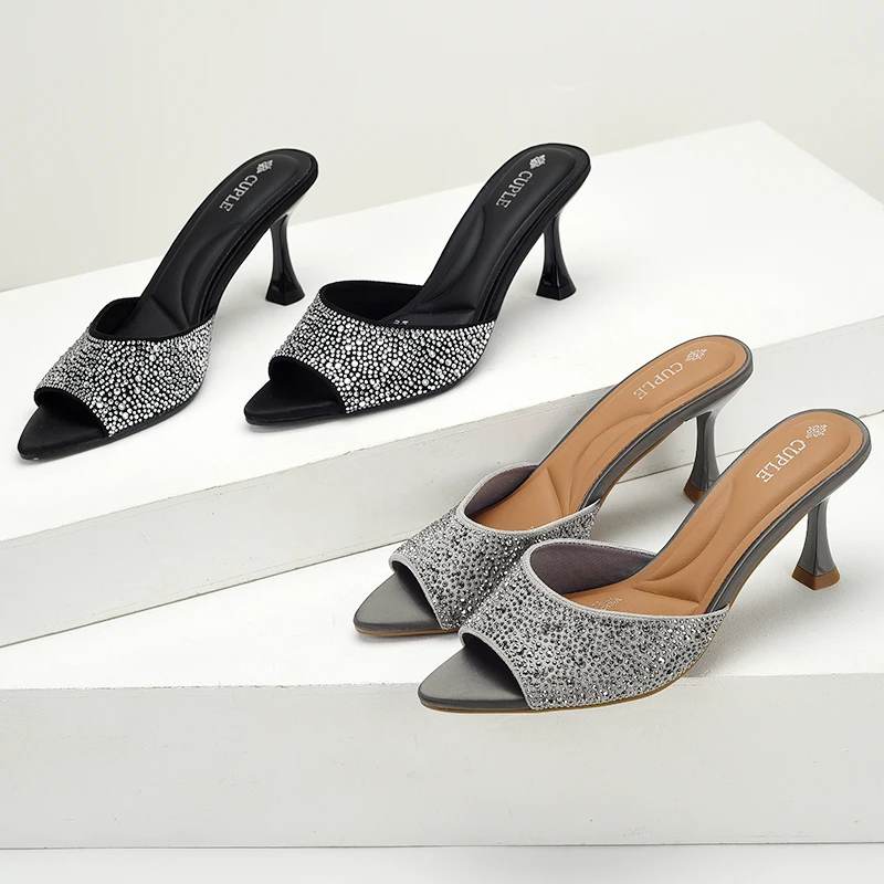 

Elegant Diamond Soft Bottom High Heels Thin Heel Pointed Toe Open Toe Evening Fairy Cool Slippers for Women Summer Sandals