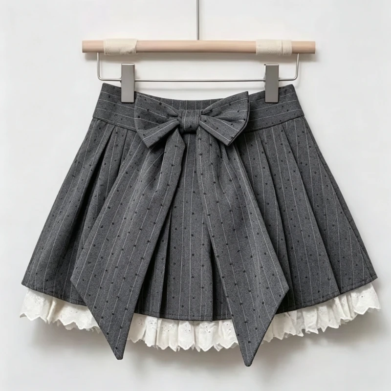Y2k 2026 New Gray Pleated Mini Skirt Women Summer Lace Patchwork Bow Cute Lolita Style Striped Dot Print Fashion Skirt