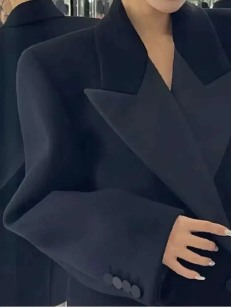 Elegant Blazer Coat European Style Lapel Double Breasted Black All Match Mid Length Jacket Women Spring Autumn 2025 New