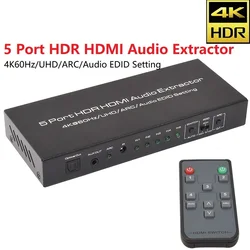 HDMI 호환 스위치 UHD HDR 오디오 추출기 V2.0 5 포트 선택기, HDCP2.2 SPDIF 5.1 오디오 ARC, PS4 X-BOX HDTV용, 5 in 1, 4K60Hz