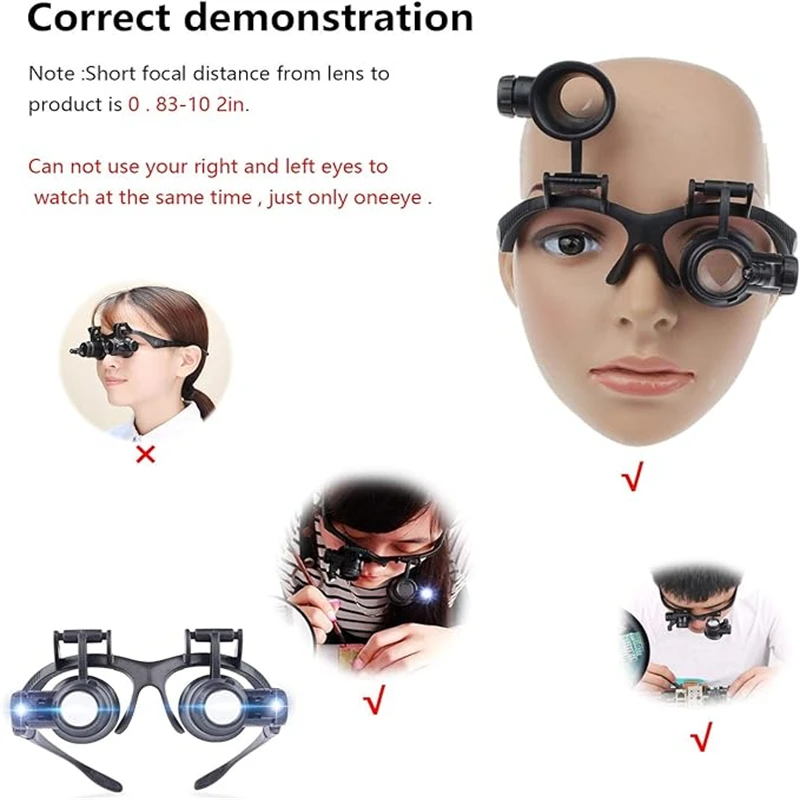 LED Light Magnifying Glasses Tattoo Jeweler Loupe Watch Repair Magnifier 8 Interchangeable Lens 8X/15X/23X Eyelash Extension