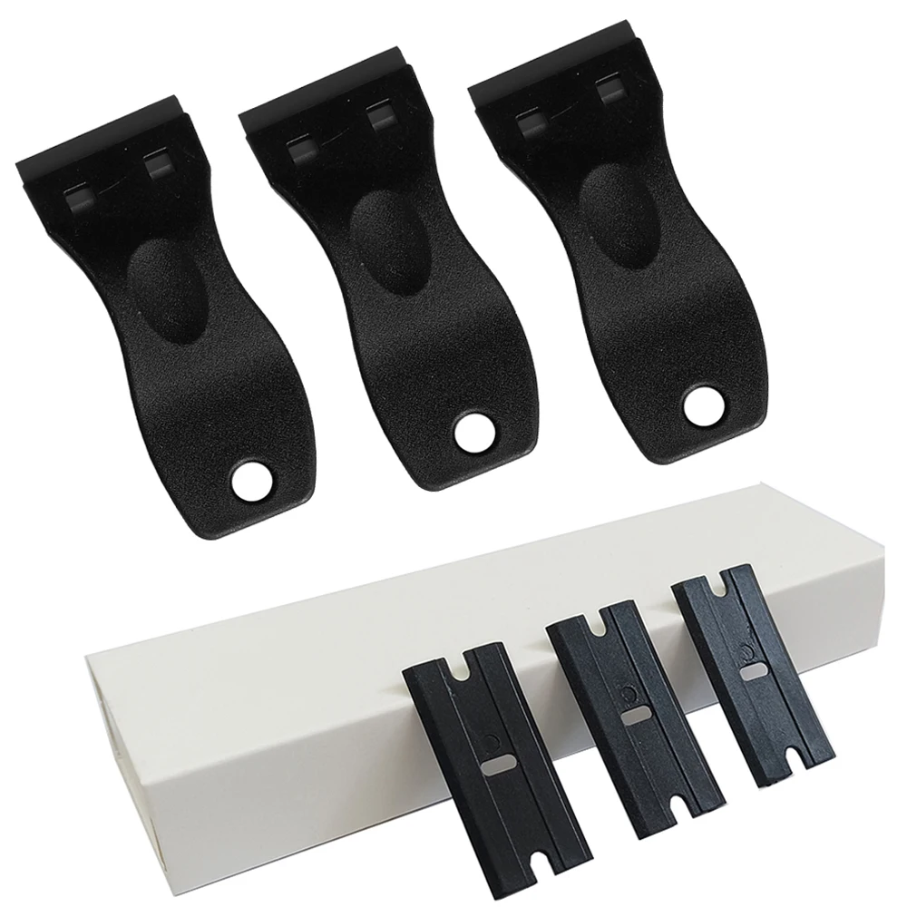 Pack of 3 Plastic Scrapers with 100 Plastic Blades Hand Squeegee for Vinyl Sticker Remove Glass Window Adhesive Label Remover