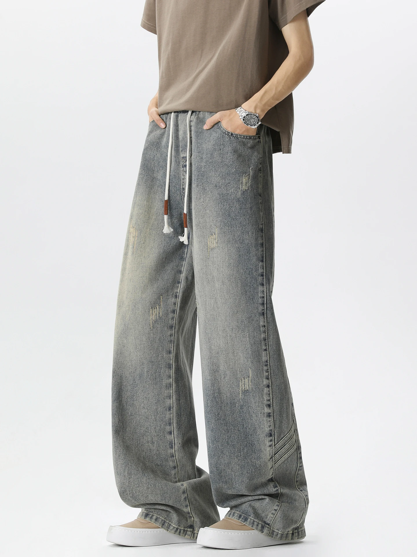 

Мужские джинсы свободного кроя с боковыми вставками, потертые, прямые, повседневные, молодежные, со средней посадкой, на молнии