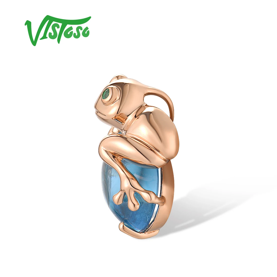 VISTOSO Authentic 14K 585 Rose Gold Pendant For Women Cute Frog Magic Blue Topaz Emerald Elegant Gifts Fine Jewelry