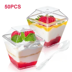 50/100 Pack 60ml Plastic Dessert Cups with Lids and Spoons Clear Yogurt Parfait Cups Square Appetizer Cups Serving Cups