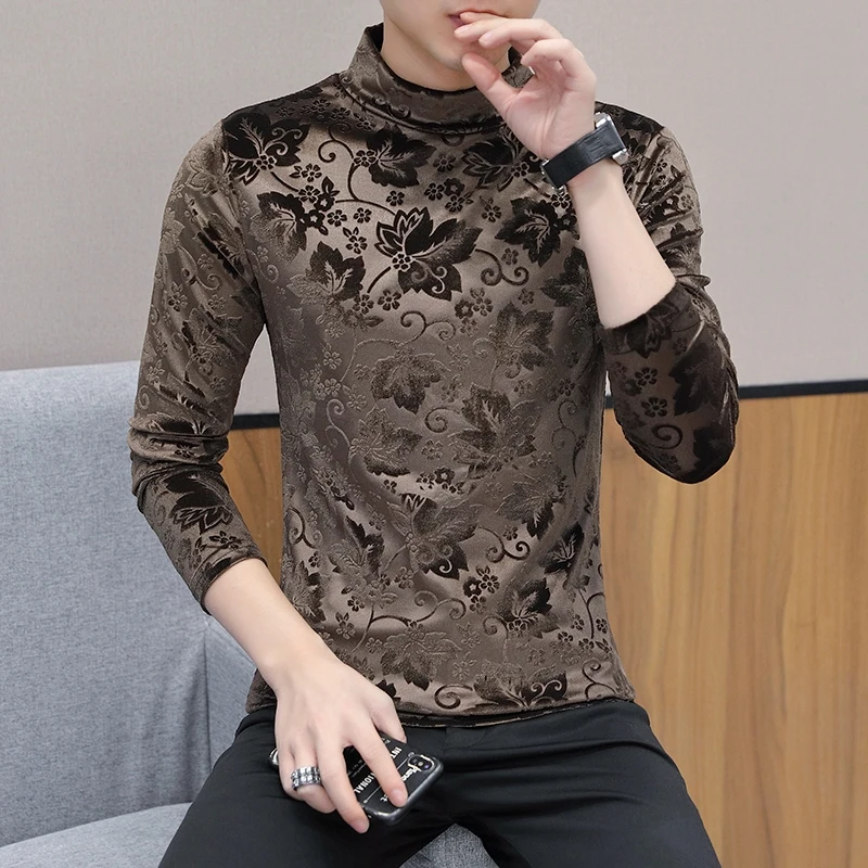 花柄のカジュアルで伸縮性のあるベルベットTシャツ,ジャカード,ファッション,長袖,良質