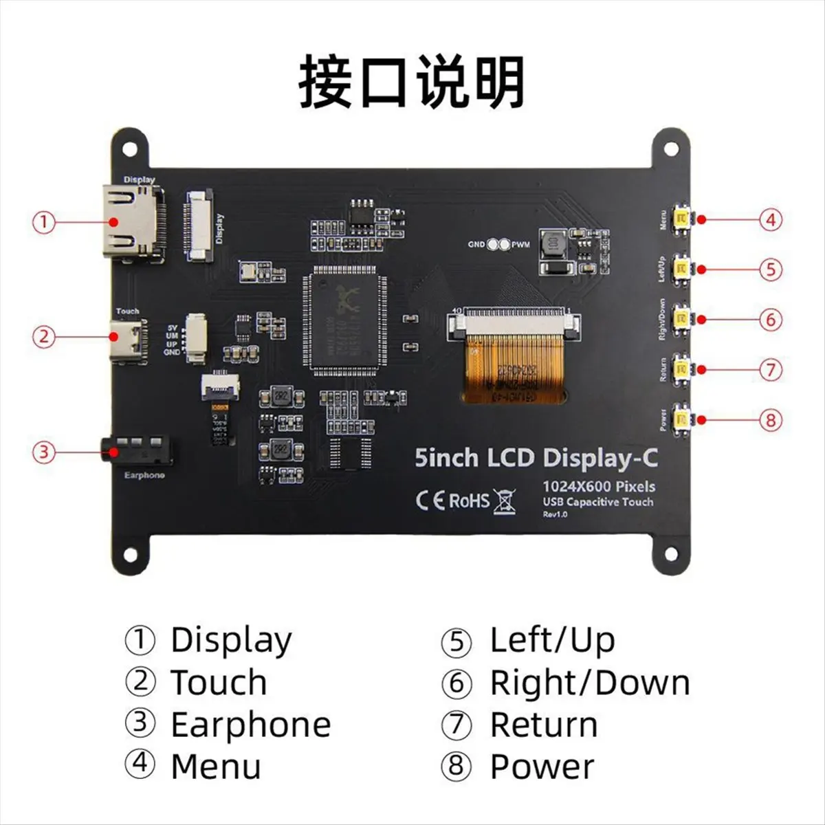 5 Inch IPS Touch Screen LCD Display 5inch 1024x600 OSD -Compatible Mini PC Monitor for 5 3B+ 4B