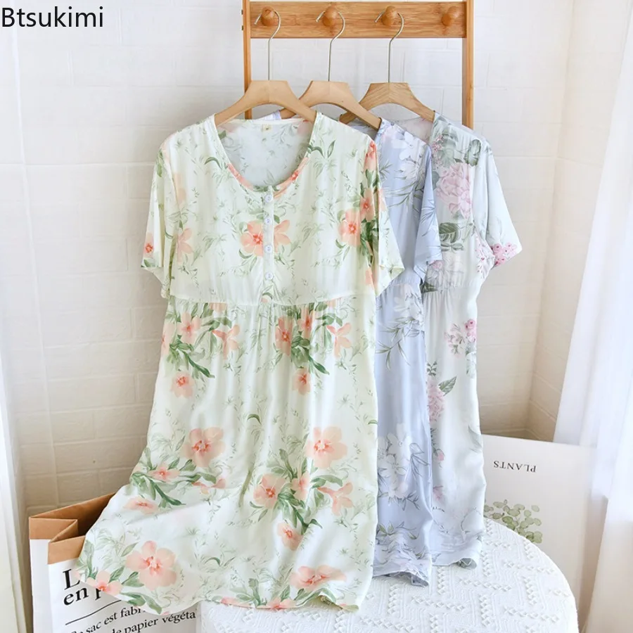 2026 Summer Cotton Short Sleeved Nightgown for Women Artificial Cotton Loose Fitting Pullover Long Length Nightgown Home Wear