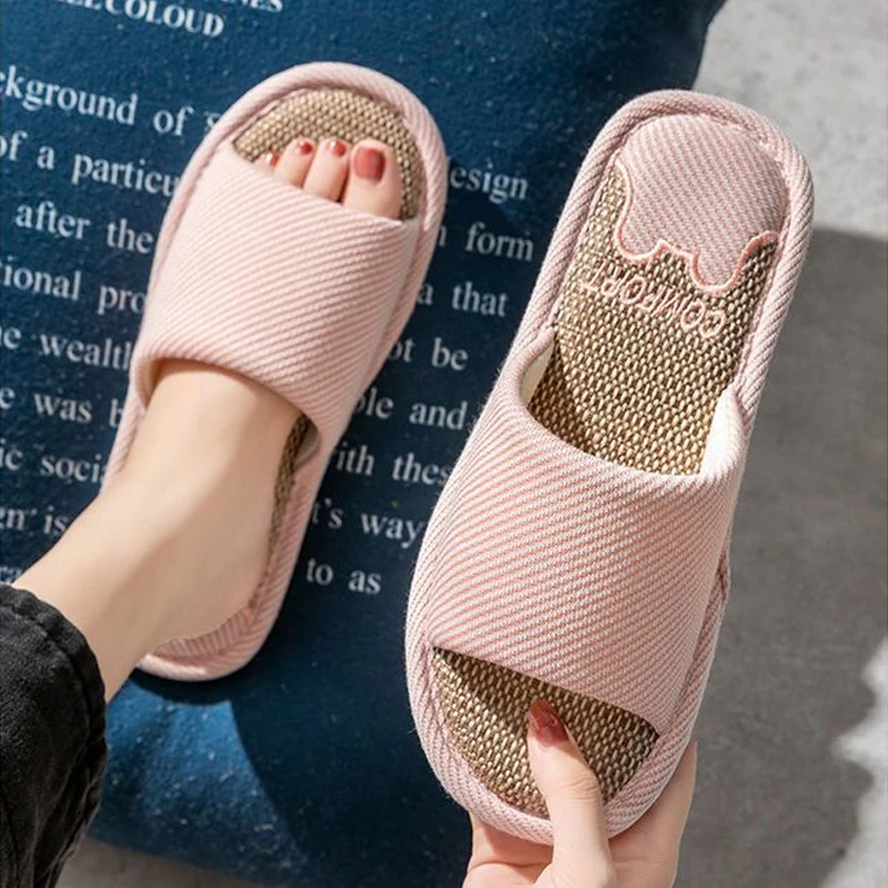 Women Linen Slippers Four Seasons Women Indoor Sandals Adults Cartoon Slides Couples Open toed Breathable Home Shoes image 3