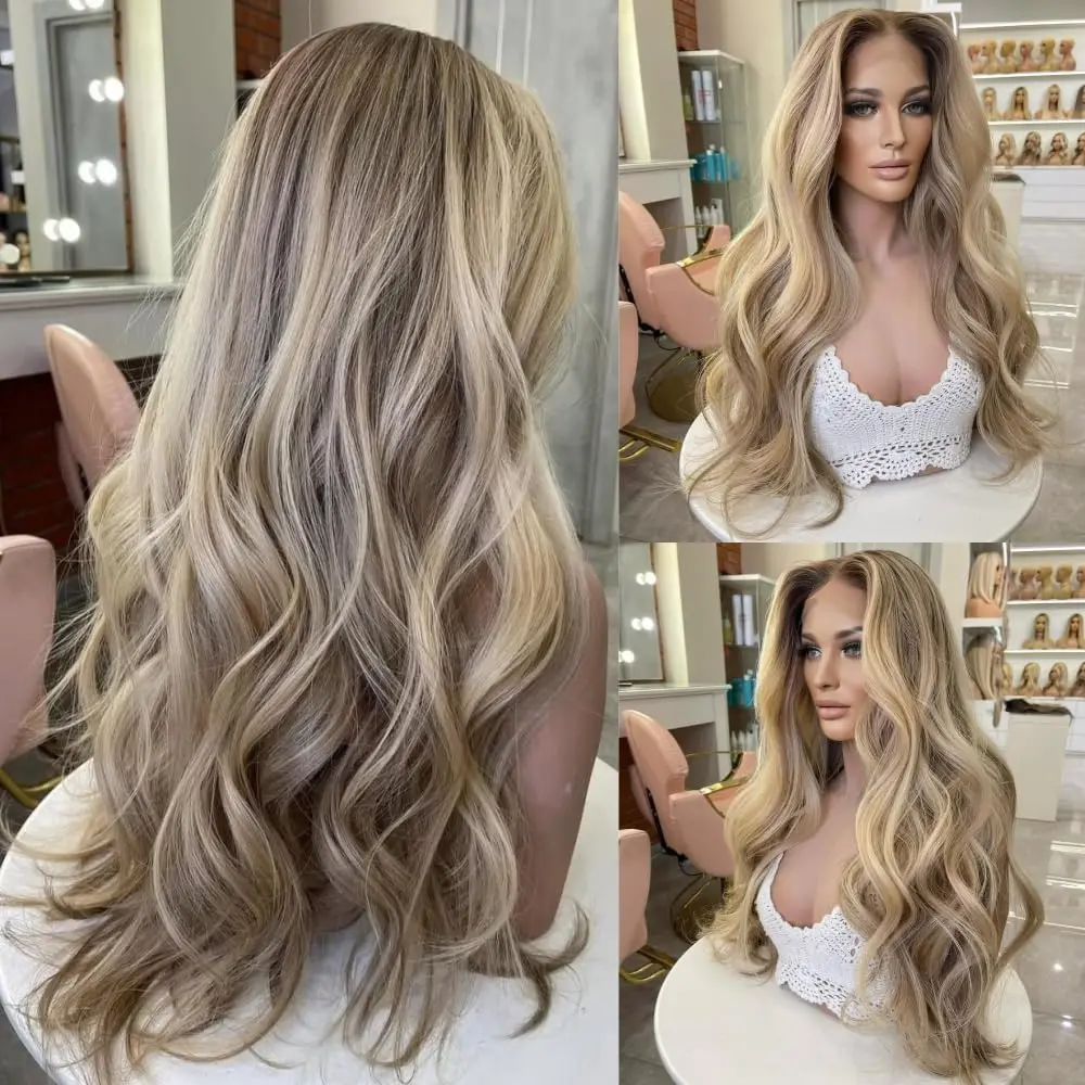 Ash Blonde Highlights Brown Lace Front Wig Loose WAve Synthetic Cosplay Women Wigs Glueless Long Wavy Lace Wigs Easy to Wear