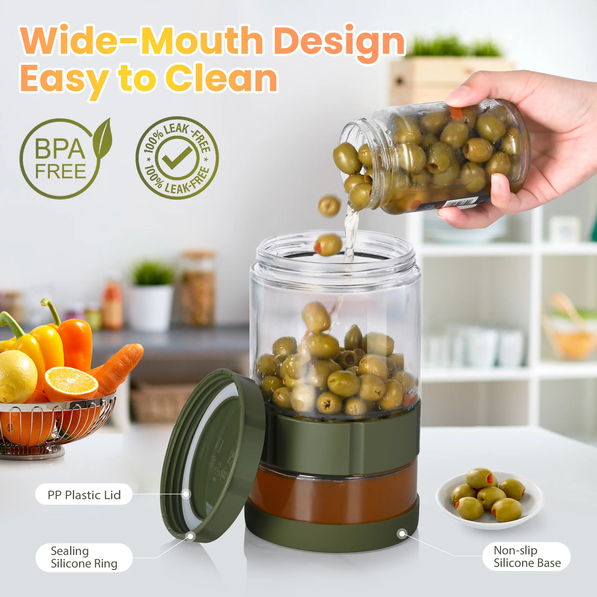 Glass Pickle Jar Dry Wet Separation Pickle and Olive Jar Upside Down Kimchi Cucumber Container Hourglass Jar for Airtight Storag
