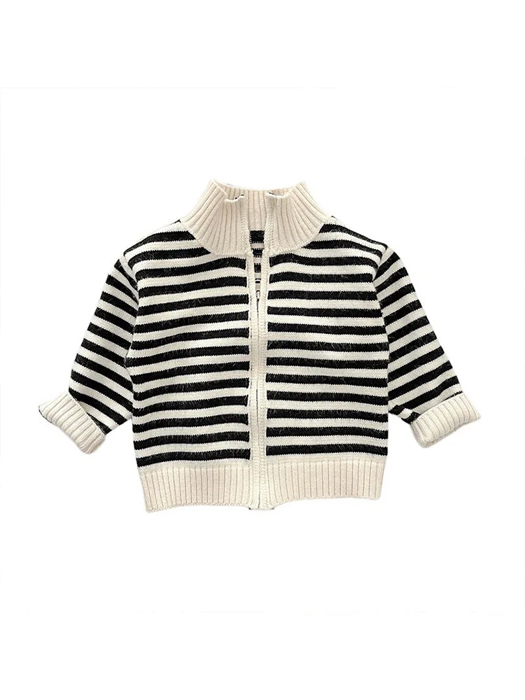 Toddler Children\'s Sweater Autumn Winter Fashion Baby Striped Knit Cardigan Coat High Collar Zipper Infant Warm Cotton Clothes