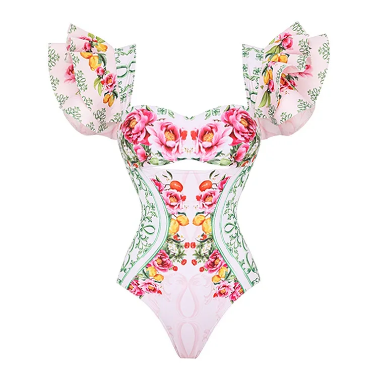 2024 Women Ruffle Cut Out Lemon Floral Pattern Print One Piece Swimsuit and Skirt Beachwear bikini Two piece Bathing Suit