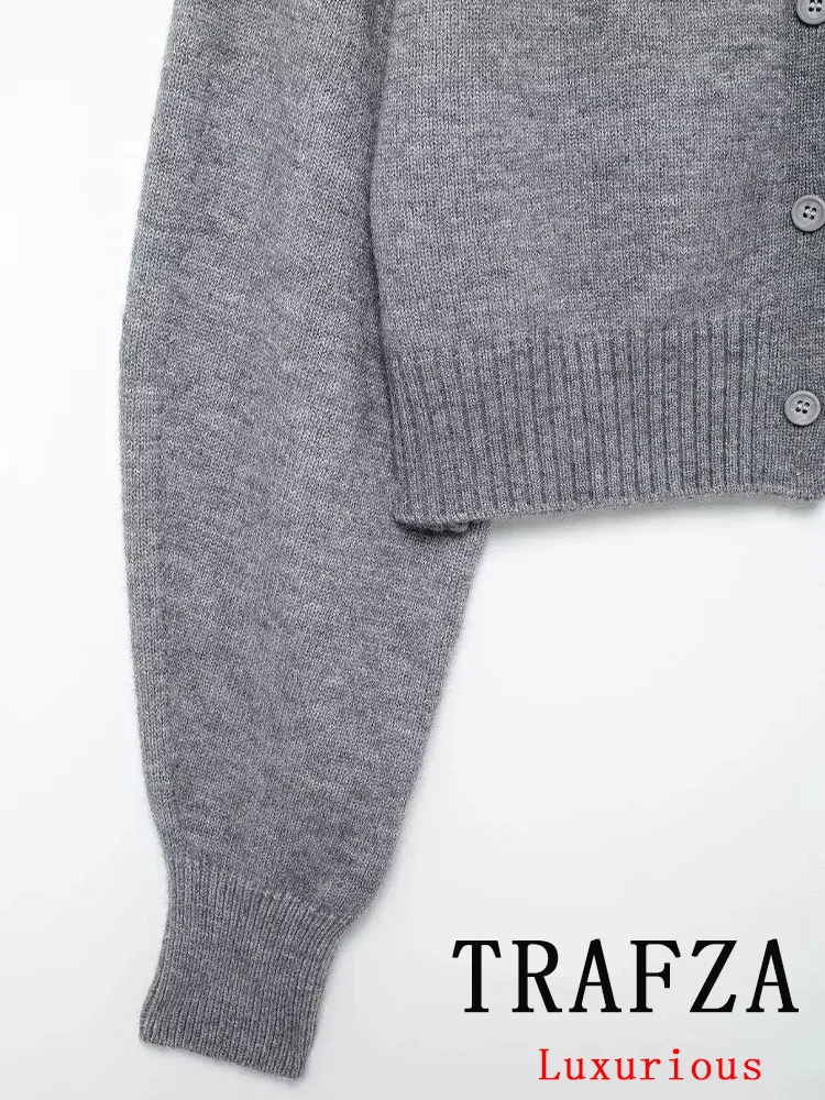 TRAFZA Vintage Casual Chic sweter damski jednolity, dekolt w kształcie litery \