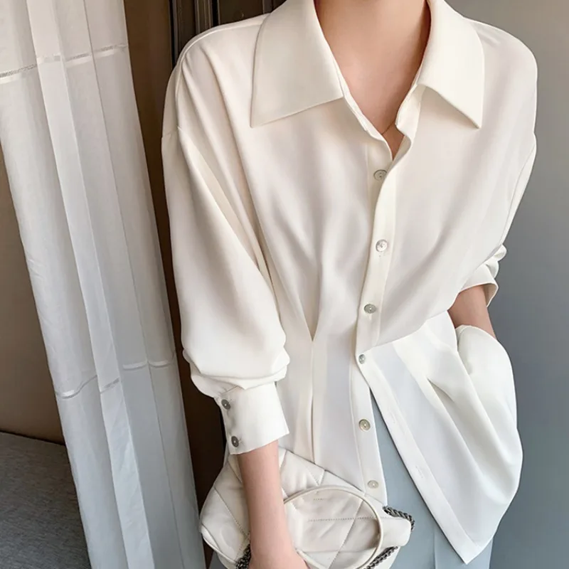 Blouses Women Chiffon Shirts Long Sleeve Shirring Design Spring Summer All-match Elegant Graceful Chic Defined Waist Mature Lady