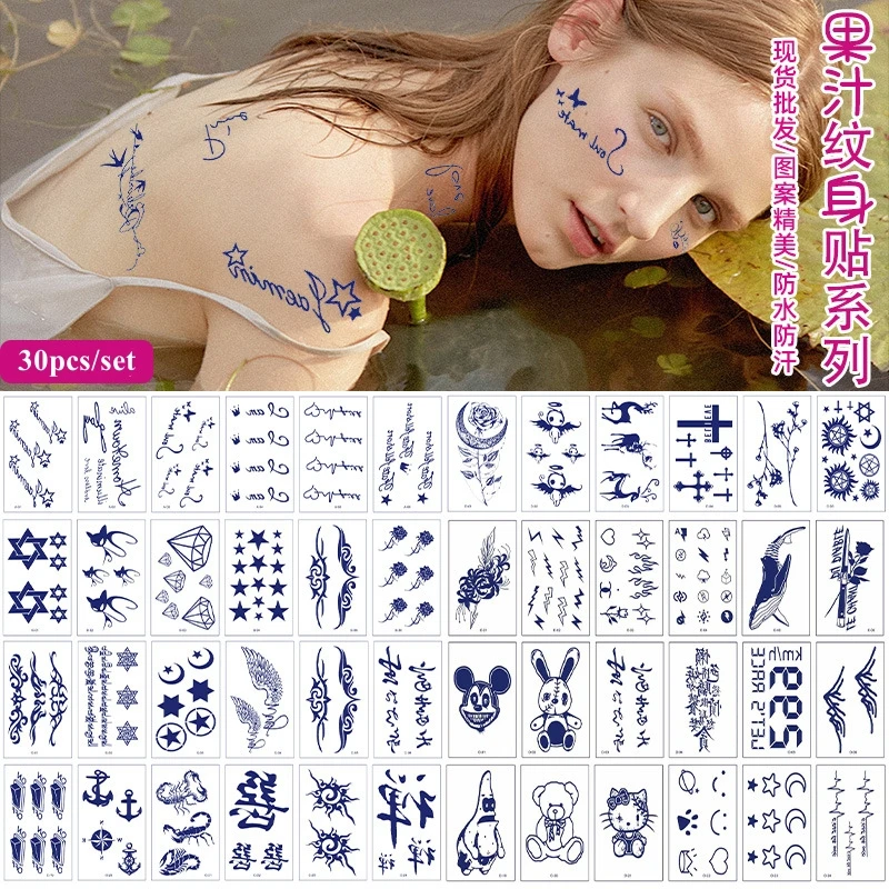 30pcs Realistic Juice-Based Tattoos Temporary Waterproof for Adults Men Women Snake Butterfly Letters Semi Permanent Fake Tattoo