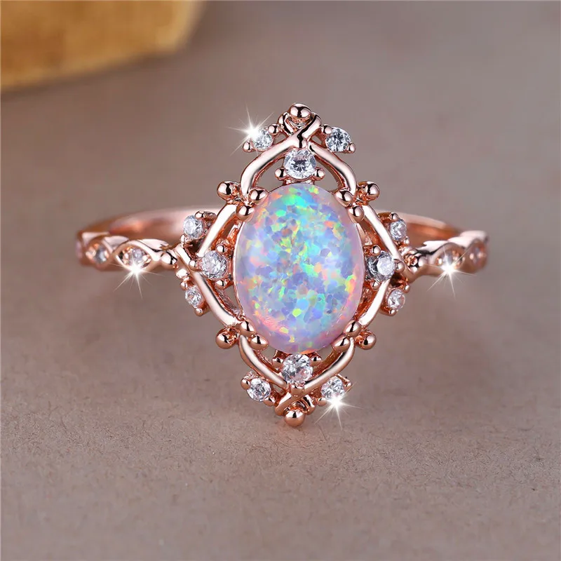 Luxury Female White Fire Opal Stone Engagement Ring Trendy Rose Gold Color Bride Wedding Jewelry Gift For Women