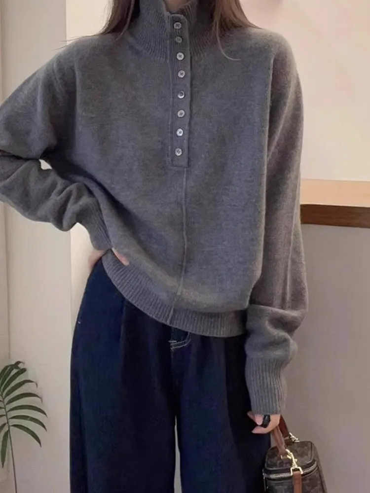 Ele Pure Color Knitted Sweater Long Sve Casual Design Faionable Overhead Korean Sle Commute Straight Cut Velvet