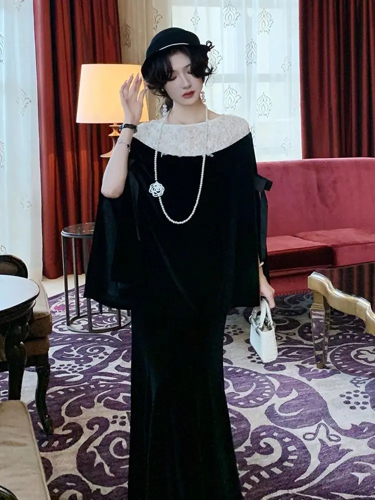 

Бархатный плащ в стиле ретро, длинное платье, комплект для женщин, осенне-зимний дизайн, плащ в сочетании с юбкой-рыбий хвост без рукавов, комплект из двух предметов