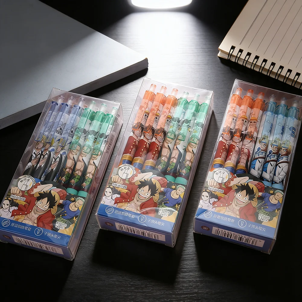One Piece Student Press Gel Pen Set - 4/8/12pcs Creative Cartoon Stationery 0.5mm Bullet Tip Black Ink Writing Gift for School