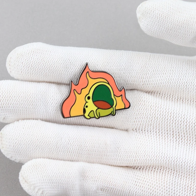 Cartoon Enamel Pin Frog in Flame Pattern Brooch Hilarious Calm Frog Badge Fire Background Lapel Pin Humorous Decorative Jewelry
