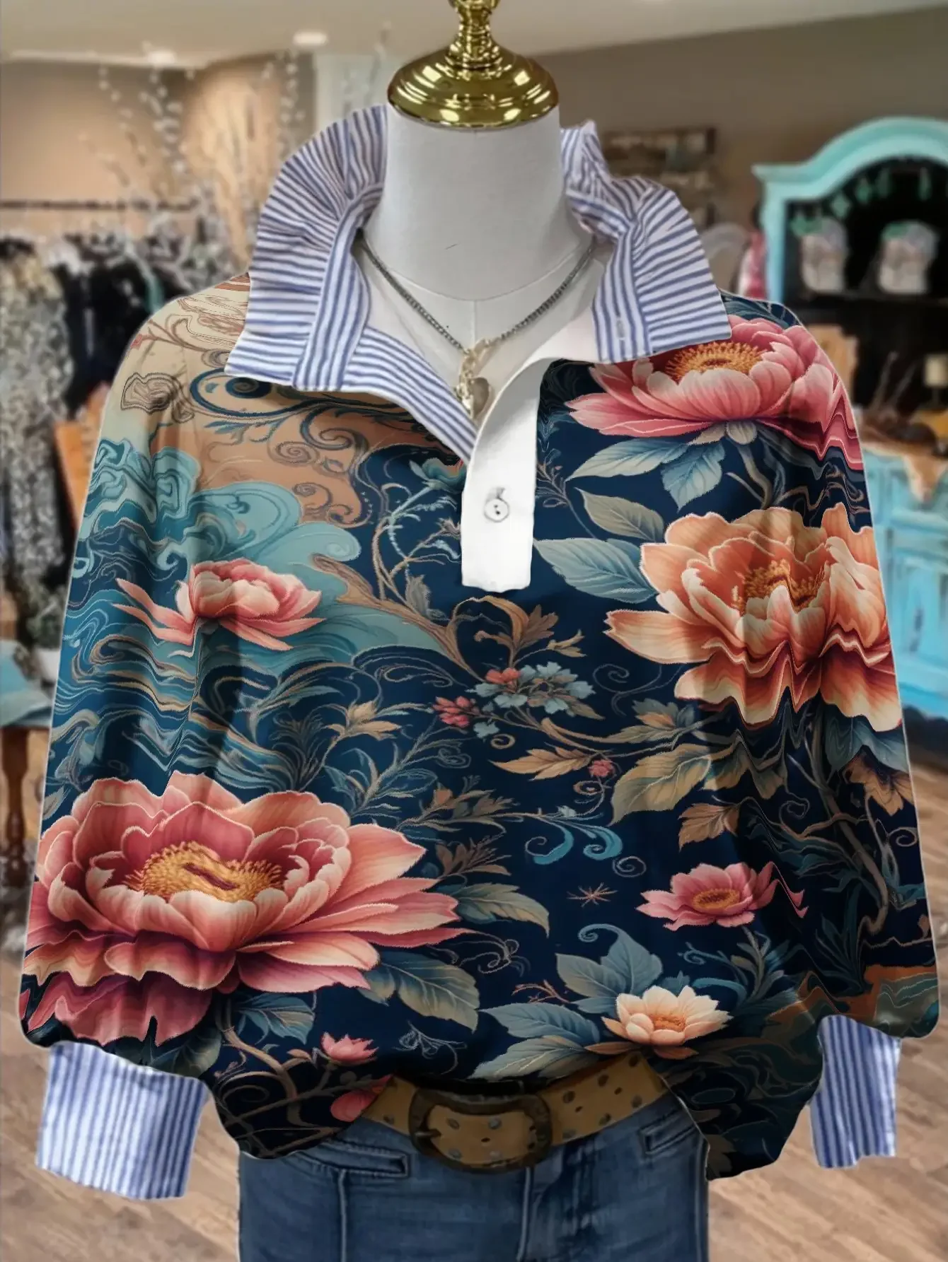 A spring and autumn winter women's standing collar shirt with long sleeves, creatively printed,  Pink green candy painting top