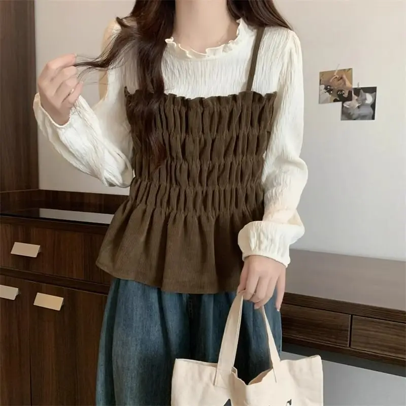 Long Sleeve Fake Two-piece Korean Short Shirt Tops Spring Autumn New Contrast Pleated Fashion Blouse Casual Trend Women Clothing