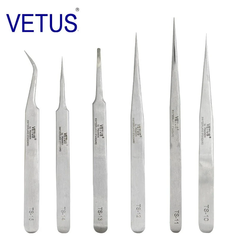 VETUS-Pinzas antiestáticas de acero inoxidable para reloj, herramienta de reparación de teléfonos móviles con etiqueta de seguridad, serie TS Original