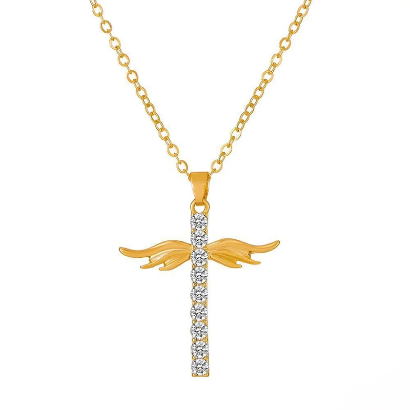 Filled Rhinestone Cross Necklace Angel Wings Versatile Collarbone Chain Couple Accessories Fashion Jewelry for Women Men Gifts