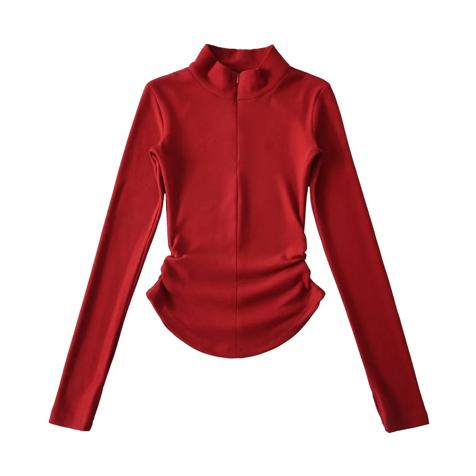 American Free Style Hot Girl Sexy Stand Collar Fitness Long Sleeve Top Autumn Winter Half Zipper Ruched Waist Short T-Shirt 2VFD