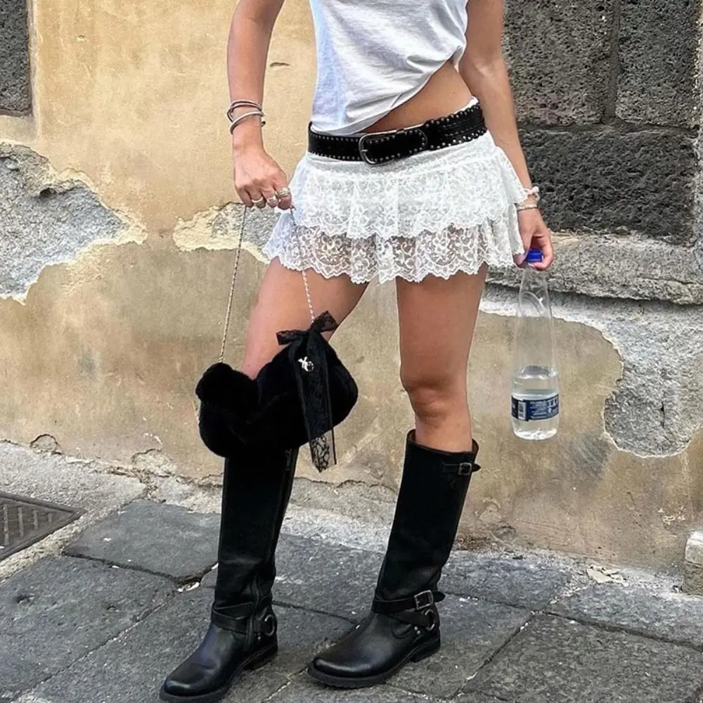 Minigonna in pizzo con fiori ricamati Y2K Streetwear Gonne con volant Harajuku Gonne a pieghe trasparenti a doppio strato
