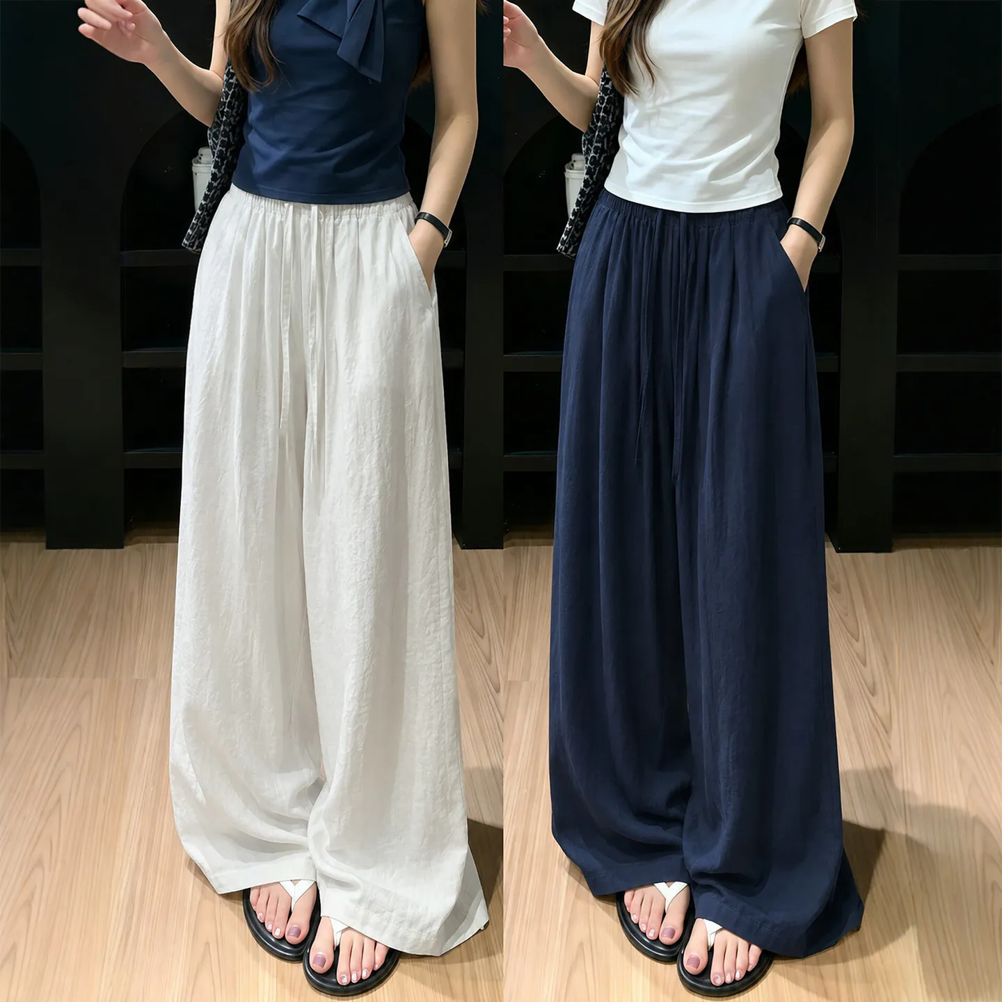 

Summer Thin Cotton Linen Wide Leg Pants Women's Loose Drapey Straight Cut Casual Trousers High Waist Comfortable Lightweight
