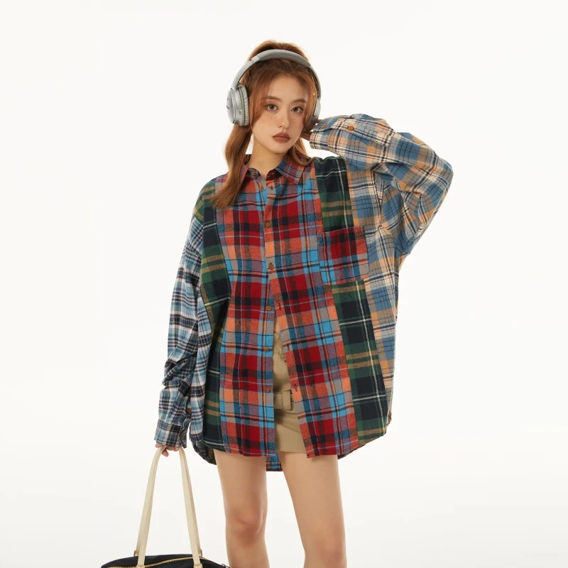 Plaid Shirts Women European Style Vintage Nostalgic Contrast Color Turn-down Collar All-match Prevalent Ladies Clothing Summer
